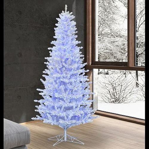 6.5ft Shiny White Spruce - Themed Rentals - blue and white lights on white Christmas tree